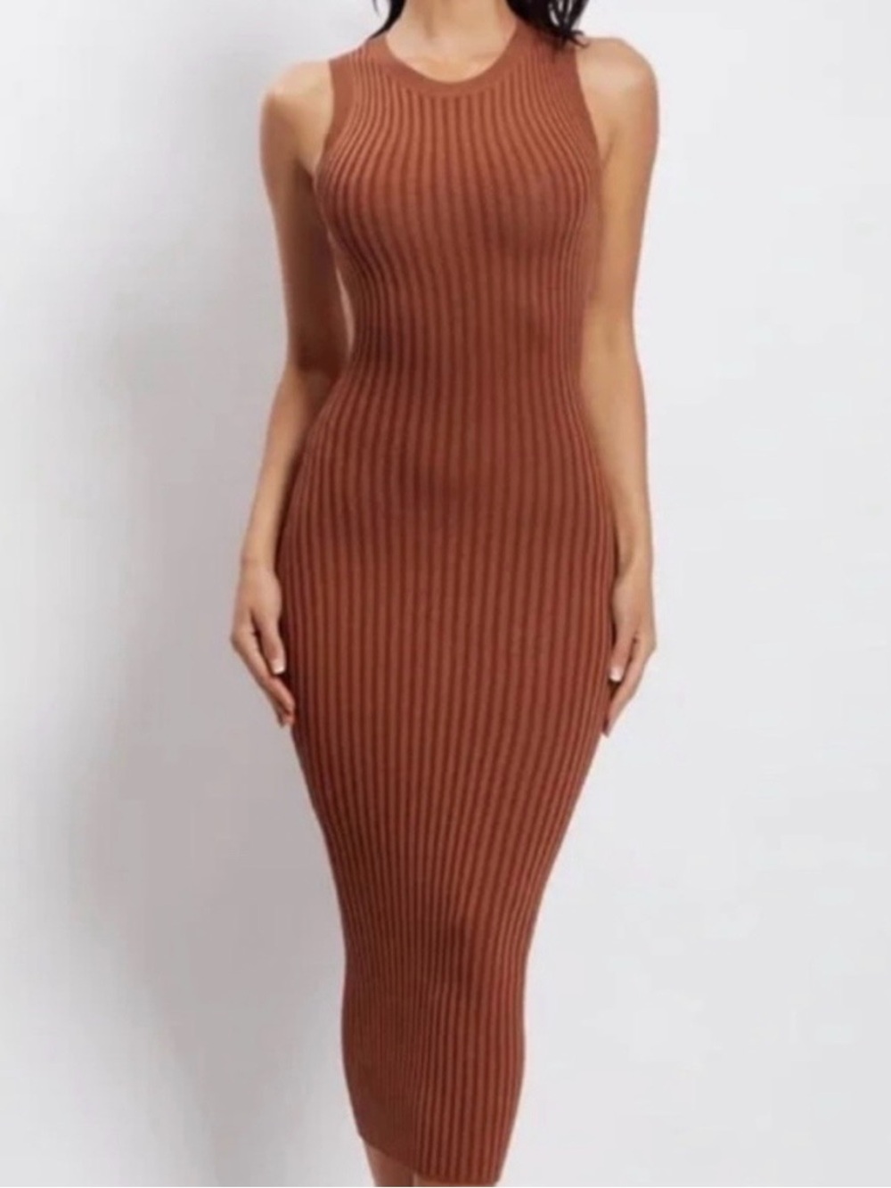 Meshki Marlisa Sleeveless Ribbed Bodycon Midi Dress in Chocolate
